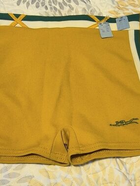 Vintage 1969 mens Medium  Yellow Men's Swim Trunks with Green & White Waistband